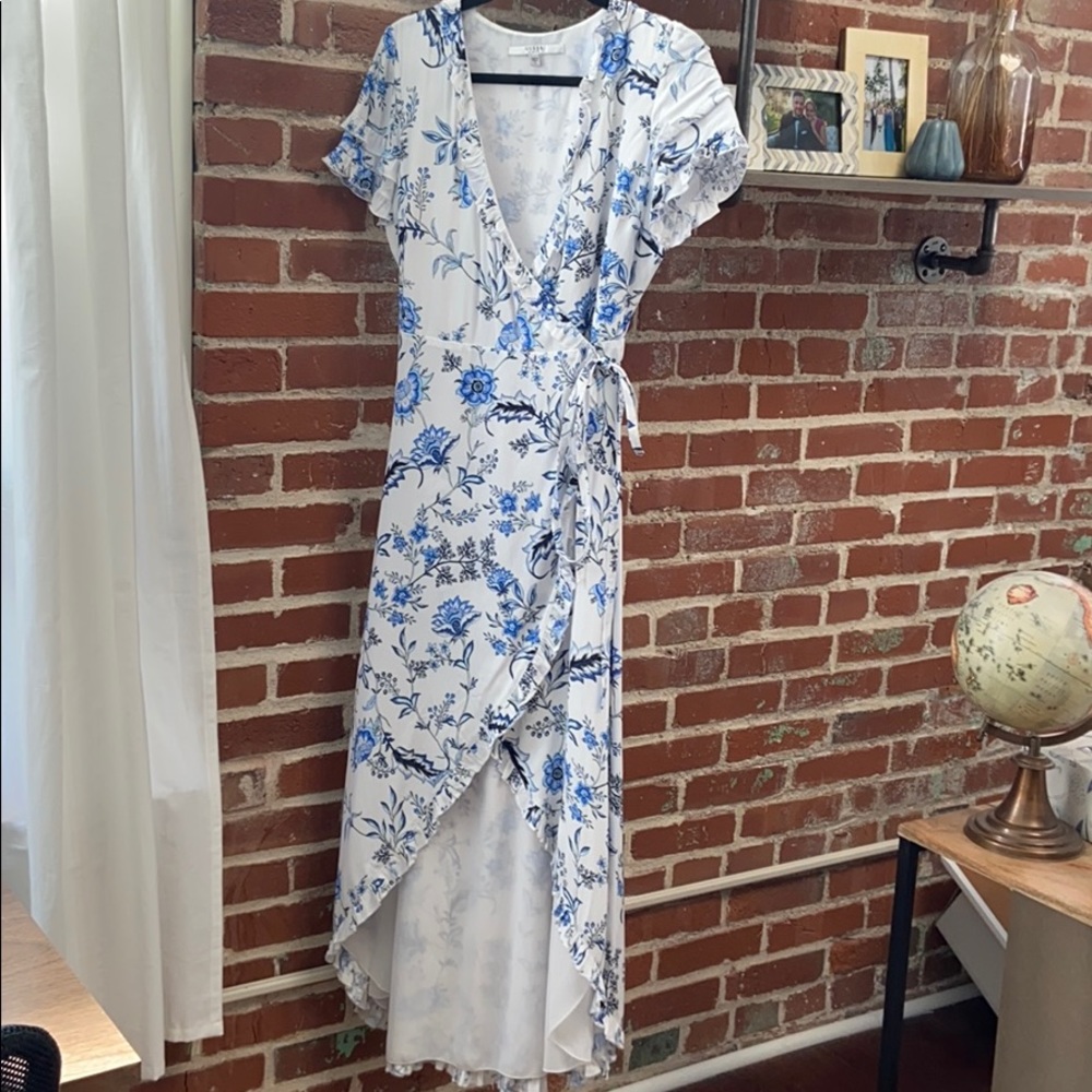 GUESS blue and white, high low,  wrap dress.